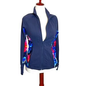 Athleta jacket navy & vivid pink red blue floral pattern on sides full zip Sz M